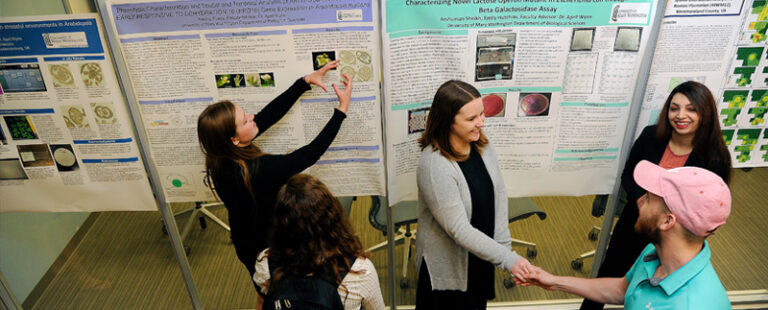 students stand in front of posters talking about their projects