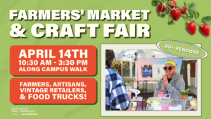 Flier about the Farmers Market with dates and times and a picture of a table filled with items.