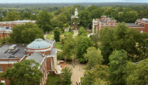 Overhead aerial shot of UMW campus with building and trees