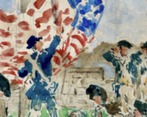 Painting by Gari Melchers of toops with an American Flag 