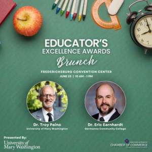 Educator's Excellence Awards Brunch flier with pictures of Troy Paino and Eric Earnhardt along with background images of apple, clock, pens