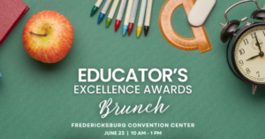 Educator's Excellence Awards Brunch flier with pictures of Troy Paino and Eric Earnhardt along with background images of apple, clock, pens