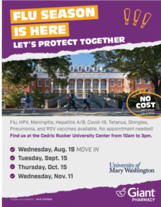 Flyer with the dates of the clinics   with UMW's Lee Hall pictured in background