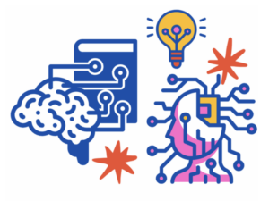 Abstract image of a brains, lightbulbs, and computer panels