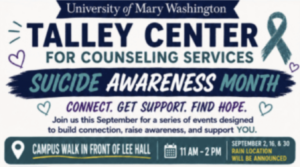 Logo of the Talley Center for Counseling Services with Suicide Awareness Month info
