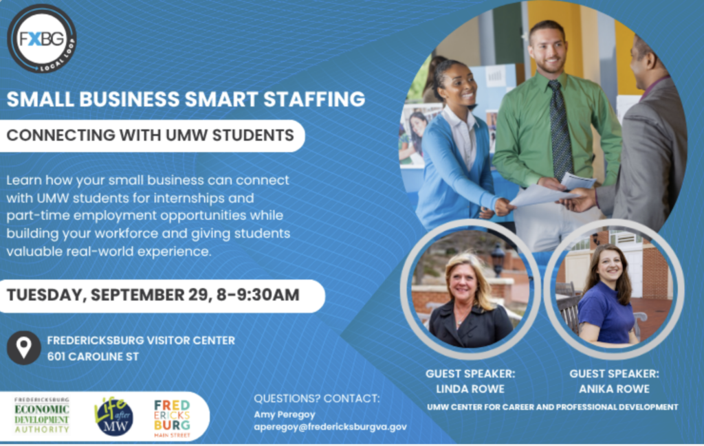Images of people in a business setting with the date and time of the Smart Staffing event 