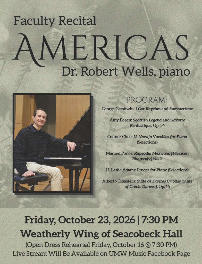 Image of man sitting at the piano with text giving the date and program for the event