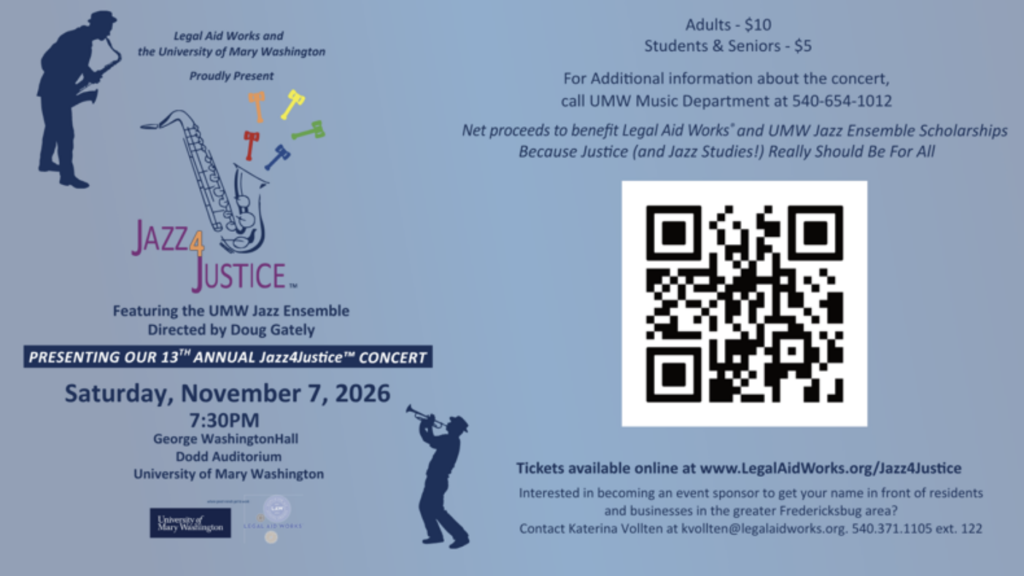 images of a saxaphone and people playing instuments with QR code and text details about a concert